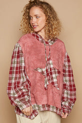 POL Star Patch Plaid Long Sleeve Hooded Top Redbean Multi OutfitFlow